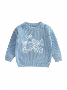 Toddler Easter Sweaters Bunny Ear Pattern Letter Long Sleeve Round Neck Ribbed Knit Jumper Tops