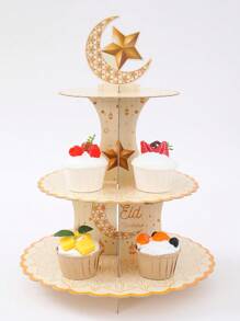1pc Gold-Tone Eid Mubarak Cupcake Stand, Moon & Star Pattern Cupcake Display Rack, Ramadan Party Decoration Supplies, Eid Holiday Home Decor