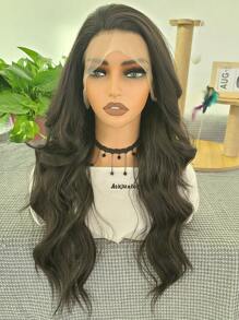 websterwigs 13x4 长波浪 26 英寸黑棕色蕾丝前部合成假发，预拔发际线耐热纤维头发，丝滑直发假发，适合女性角色扮演派对日常使用 - 黑棕色 - 查看 4