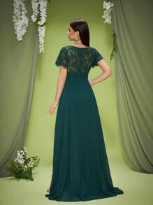V-Ausschnitt elegantes Brautjungfernkleid, Rüschen-Spitzen-Chiffon-Kleid mit mehreren Lagen, lang