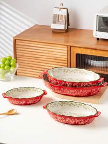Assadeira oval de cerâmica com alça, design floral vintage vermelho, para cozinha, salada, grelhados, assados, sobremesas, pizza - pode ir ao forno e micro-ondas