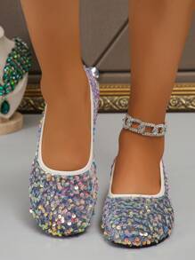 女士圆头平底玛丽珍鞋，带闪光装饰，时尚华丽，适合日常穿着、通勤、购物，灰色带随机图案，春季和秋季 - 灰彩色 - 查看 5