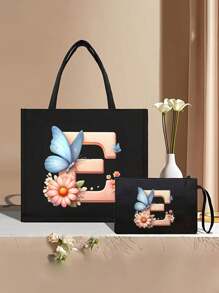 Color Gradient Butterfly Flower Letter A-Z Pattern Tote And Cosmetic Bag Set, Casual Style, Fabric Structure - Black - View 35