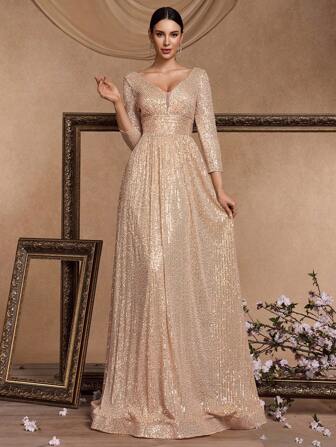  Vestido de noche elegante de mujer XUIBOL con cuello en V y mangas largas, vestido de fiesta de graduación, cena y boda con lentejuelas