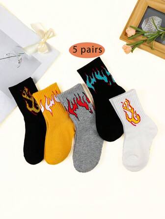 5pairs Toddler Kids Flame Print Crew Socks