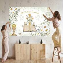 1 pieza de Pancarta de decoración para la Primera Comunión en poliéster, Fondo colgante con diseño bendición de Dios bautista, cinta de encaje rústico blanco y diseño de cruz, sin necesidad de electricidad, apta para decoración de ceremonia de Navidad y fotografía de de recién nacidos