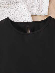 2pcs/Set Girls Summer Outfit, Casual Polyester Knit Mesh Top, Short Sleeve Round Neck, And Matching Black Belt Dress, Slight Stretch, Suitable For 8-12 Years Old Children, Fashionable Summer Clothing For Girls - Perfect Casual Outdoor Wear