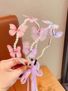 1件兒童粉色蝴蝶珍珠髮箍，兒童髮飾，仿珍珠蝴蝶頭飾，多用途春季拍照道具 - 蝴蝶髮箍 - 查看 8