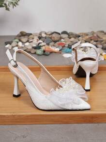 Zapatos de tacón alto con puntera puntiaguda, estilo zuecos, con estampado floral y lazo de perlas para mujer. Zapatos de boda blancos para novias