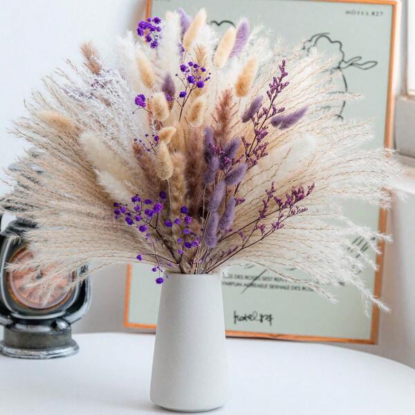 Buquê de capim-dos-pampas roxo boêmio com 50/66 peças - Ótimo para decoração de casa, Dia dos Namorados e muito mais | Decoração multifuncional para mesa, presentes de aniversário, formatura, decoração de outono, decoração de outono