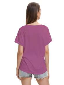 Casual Women's Short Sleeve V-Neck Loose T-Shirts Summer Casual Tops - Màu tím - Xem 2
