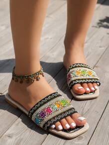 女士刺绣编织平底拖鞋，印花随机波西米亚风度假派对户外凉鞋，沙滩装，夏季装扮 - 黑色 - 查看 4