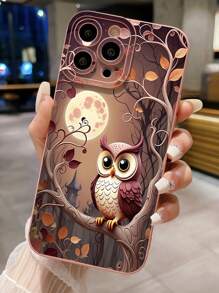 1pc Owl & Moon Anti-Drop Phone Case Compatible With Iphone/Galaxy/Infinix/Redmi/OPPO/VIVO//Realme - Pink - View 2