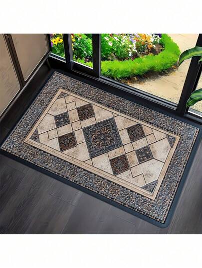 1pc Rectangular Indoor/Outdoor Welcome Mat - Decorative Tile Pattern With Geometric Border, Pebble Design Entryway Doormat, Front Back Door Carpet Runner For Hallway Entrance, Suitable For Living Room, Bedroom, Kitchen, Office, Multi-Purpose Rug | Elegant Bordered Mat | Easy Maintenance Doormat, Rug, Carpet, Welcome Mat, Floor Mat, Outdoor Doormat, Kitchen Rug, Home Decor, Front Door Mat