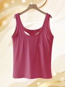 1 قطعة كامي بلا ظهر بياقة على شكل حرف U مناسب للمقاسات الكبيرة للنساء، مبطن، مناسب للطبقات أو الملابس الخارجية، باللون الأحمر الوردي - روز أحمر - مشاهدة 2