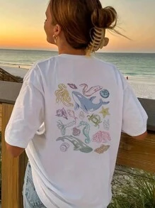 1pc Girls Graphic Tee - Machine Washable, Printed With "Vibrant Ocean Life" Pattern, Suitable For Youthful Girls, Summer Casual Top, Teenage T-Shirt - White - View 1
