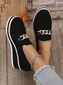 Zapatos de cuña con decoración dorada y suela gruesa para mujer, calzado informal y versátil de plataforma y tacón alto tipo mocasín, para primavera/otoño - Negro - Ver 7