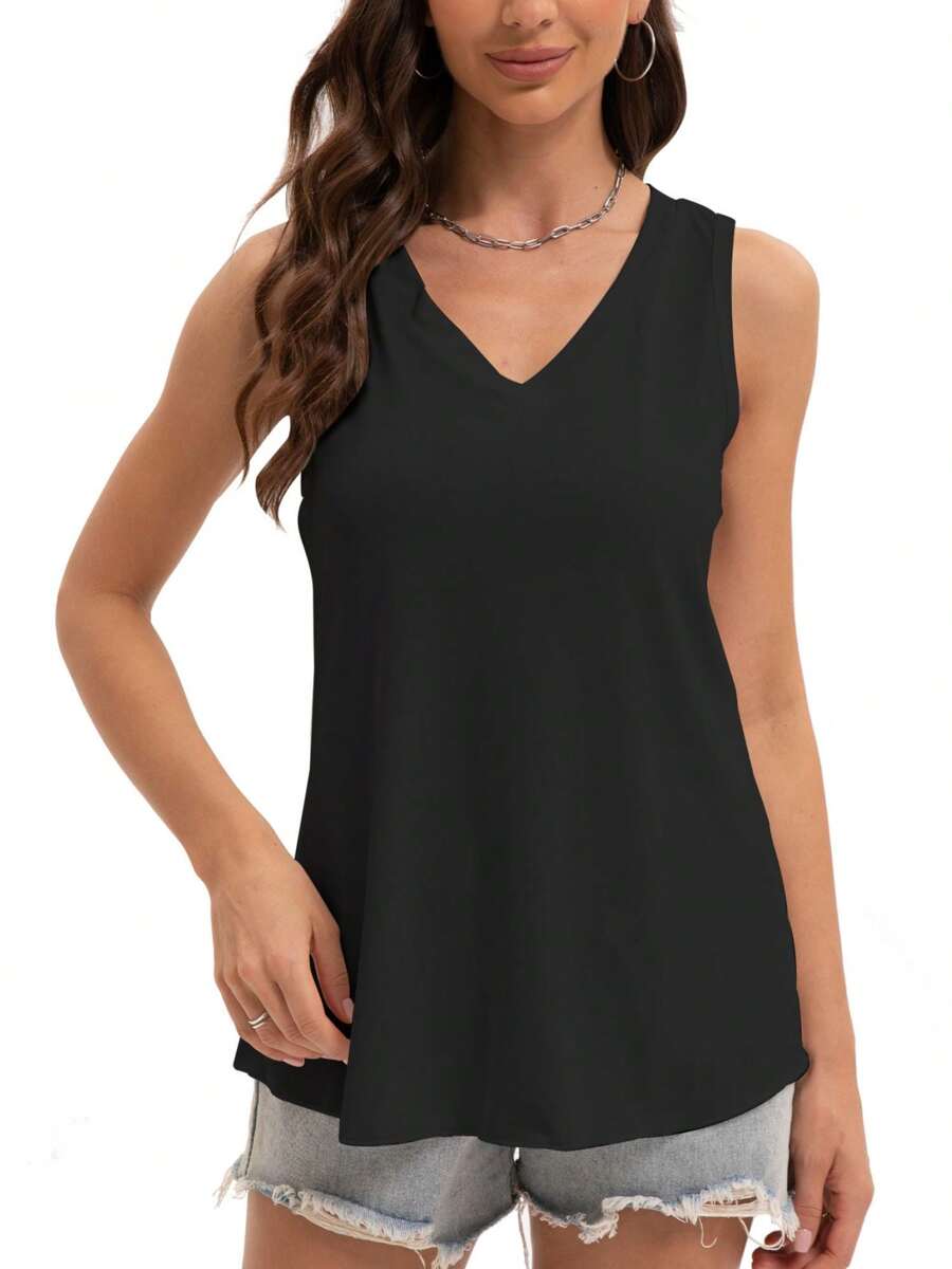 KAHULE Womens V Neck Summer Loose Fit Flowy Sleeveless Shirts Casual Tank Tops - màu đen - Xem 1