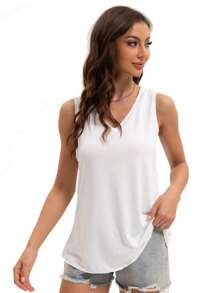 KAHULE Womens V Neck Summer Loose Fit Flowy Sleeveless Shirts Casual Tank Tops - 白色 - 查看 3