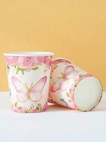 10 piezas/25 piezas Vasos de papel desechables, vasos con temática floral y de mariposas para bebidas frías y café, adecuados para cumpleaños, reuniones familiares, picnics y decoración de fiestas