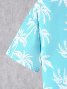 2pcs/Set Tween Boys' Casual Coconut Tree Print Shirt Collar Short Sleeve Shirt And Shorts, Spring/Summer - Blue - View 4