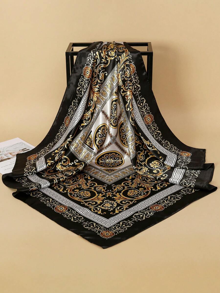 1条女士复古印花头巾，缎面质感，适合夏季日常及派对场合搭配连衣裙