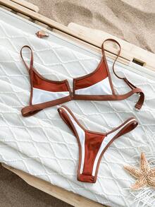 Colorblock Contrast Binding Bikini Swimsuit Summer Patchwork Sexy V-Bar Bathing Suit Women, Smaller Size