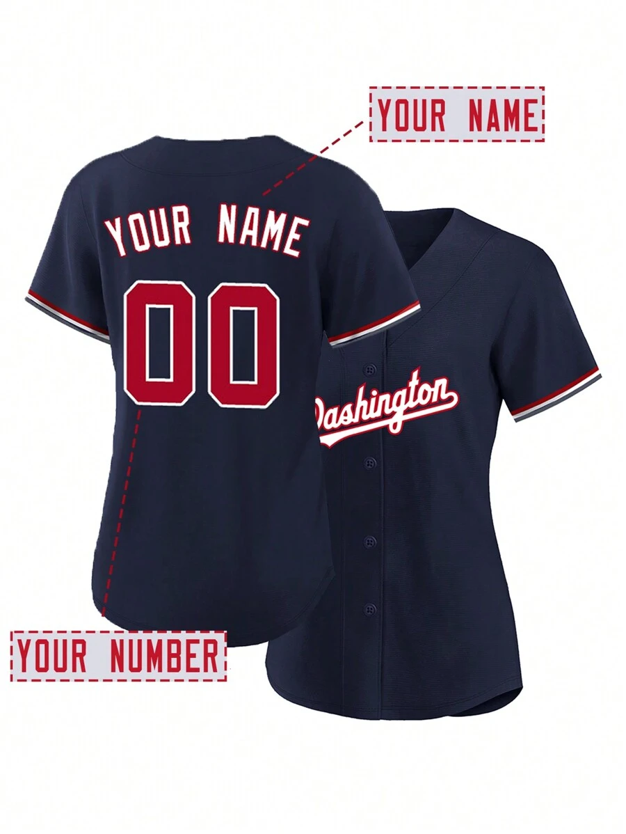 Customized Name And Number DIY Women's Embroidery Baseball Jersey Washington Blue V-Neck Personalized Short Sleeve Button Down Shirts Party Games Training Competition Sports Tops S-Xxl DIY - Blue - View 1