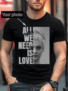 Customized Men's Personalized Loose Fit T-Shirt - Add Your Own Picture (Selfie/Family Photo/Pet Photo/Friend Photo/Party/Team/ Boyfriend/Girlfriend/Pet/Couple Matching/ Workwear) Stylish,Fashion,Hipster,Casual,Minimal Chic Personalized,Customized,Custom,Unique Guy Costumes,Capsule Wardrobe,Men Basic/Street Style Ideal Gifts For Him Boyfriend,Family,Friends For Birthdays,For Vacation/Holiday,For School/Competition,For Sports/Climbing