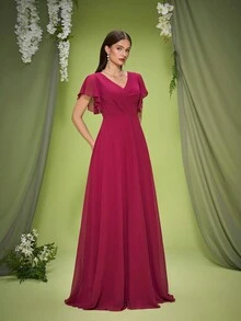 Mgiacy New Arrival V Neck Elegant Bridesmaid Dress Ruched Short Sleeve Chiffon Long Dress - Red Violet - View 3