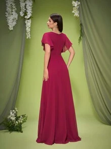 Mgiacy New Arrival V Neck Elegant Bridesmaid Dress Ruched Short Sleeve Chiffon Long Dress - Red Violet - View 2