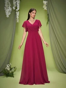 Mgiacy New Arrival V Neck Elegant Bridesmaid Dress Ruched Short Sleeve Chiffon Long Dress - Red Violet - View 4