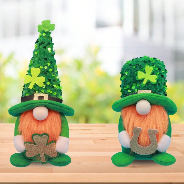 1pc Glitter Cap No Face Forest Man Decor, Leprechaun Ornament, Green Leaf Fabric Decoration, Window Decoration, Home Living Room Decor, Office Decor, Desktop Display, Valentine's Day, St. Patrick's Day, New Year Decoration, Irish Festival Ornament