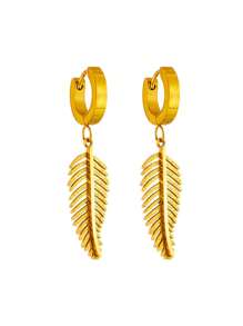 RAYQUEEN 1 Pair Minimalist Niche Design Stainless Steel Metal Feather Pendant Earrings, Versatile Chic Style, Suitable For Gifts And Daily Wear - Yellow Gold - View 4