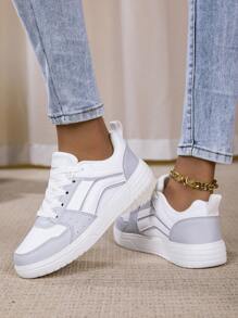 Damskie codzienne sportowe trampki, sznurowane, miękkie podeszwy, płaskie, niskie buty do chodzenia, okrągłe noski, uniwersalne białe buty