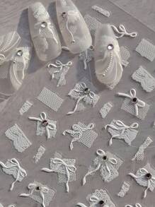 1张白色蕾丝蝴蝶结5D水晶钻石美甲贴纸美甲贴花设计美甲工具DIY美甲用品 - 白色 - 查看 2