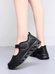 女士低帮平底鞋，2025新款透气网面皮革拼接休闲鞋，魔术贴轻便舞蹈鞋，护士鞋，妈妈鞋，软底防滑厚底运动鞋，春夏秋季 - 黑色 - 查看 2