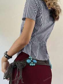 BabeHomee Fall Women Outfits Y2K Back To School Containing Cotton Slim Lapel Short-Sleeved Button Design Blue Checkered University Shirt Top