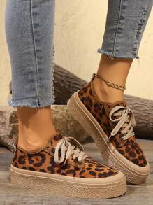 Women Leopard Print Lace-Up Low-Top Casual Sneakers, Thick Sole, Fashionable & Versatile For All Seasons - Leopard - View 4