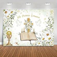 1 pieza de Pancarta de decoración para la Primera Comunión en poliéster, Fondo colgante con diseño bendición de Dios bautista, cinta de encaje rústico blanco y diseño de cruz, sin necesidad de electricidad, apta para decoración de ceremonia de Navidad y fotografía de de recién nacidos