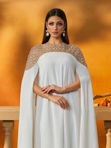 AmazingHoney 优雅的白色长袖卡夫坦连衣裙，配有重珠饰，奢华的女士长袍，朴素的连衣裙，阿拉伯女士连衣裙