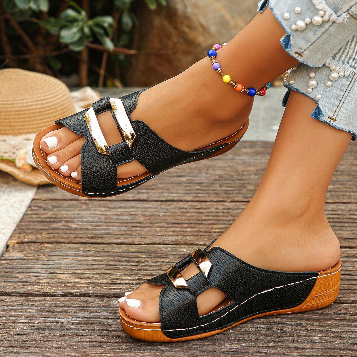 Sandalias con cuña de suela gruesa, diseño de hebilla metálica negra, puntera abierta, talla 36-45 para mujer de talla grande. Sandalias ligeras y