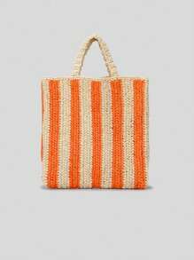 Spring And Summer Striped Handmade Straw Bag Women Embroidery Letter Beach Holiday Shoulder Bag Clashing Colours Paper Woven Small Handbag (Pendant Not Included)