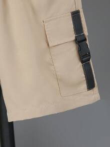 2pcs/Set Tween Boy Casual Street Style School Uniform Collar Button Down Short Sleeve Shirt And Drawstring Shorts, Spring/Summer - Khaki - View 7