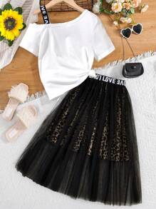 2pcs Tween Girls Cartoon Print Tank Top & Net Tutu Skirt Set - White - View 2