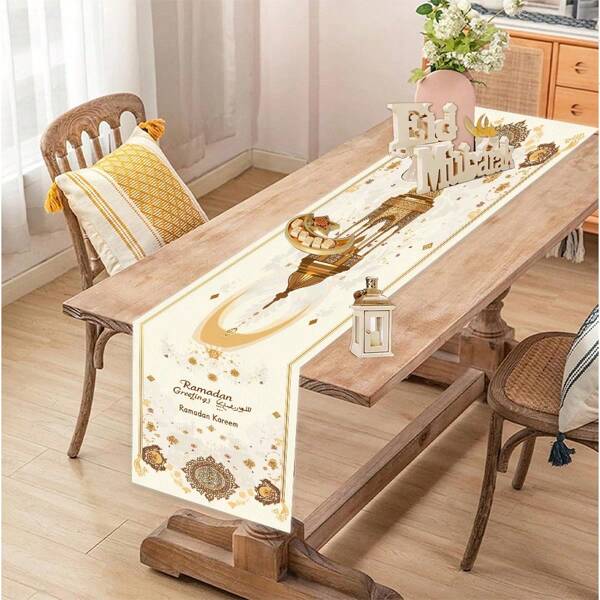 1pc Table Runner, White Gold Moon Star Pattern Tablecloth, Suitable For Home Restaurant Fireplace Party Decoration, Home Kitchen Dining Room Decoration, Home Decor