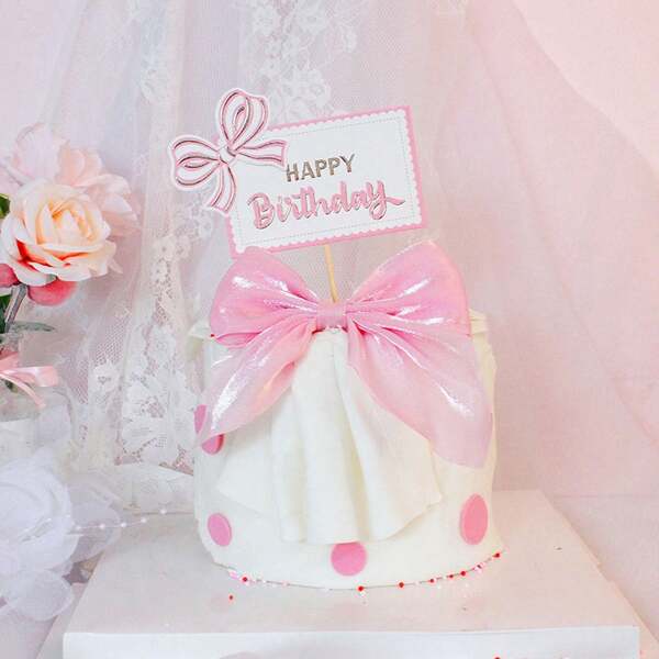 Pink/Blue/Purple Ribbon Bow Cake Topper Happy Birthday Cake Decor Birthday Cake Bachelorette Birthday Party Bow Party Decorations
