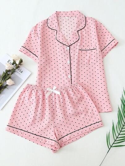 [Elegant Fields]2pcs/Set Women Mini Polka Dot Print Short Sleeve Button-Up Top And Bowknot Shorts Pajama Set, Summer Loungewear Suitable For Home Wear, Two Pieces Set