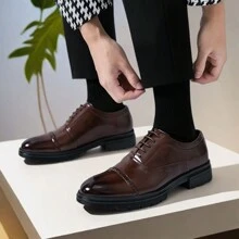 Brown Leather Dress Shoes For Men With Triple Buckled Lace-Up Closure, Suitable For Office, Banquet, Wedding Party And Groom Wedding - Brown - View 3