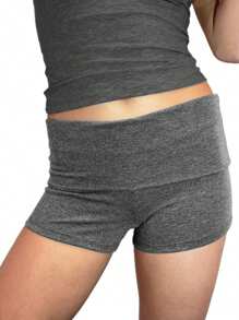 Womens Fold Over Shorts Elastic Waist Y2k Lounge Shorts Foldover Cute Pajama Micro Bottoms Mini Shorts Sleepwear - Màu xám đen - Xem 1